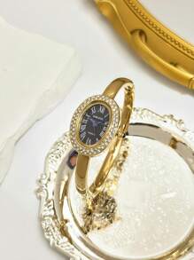 1 relógio de pulso, dourado, prateado, com diamantes, luxuoso, de marca requintada, elegante, de aço inoxidável, à prova d'água, adequado para uso diário, para presentes femininos