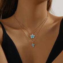 Conjunto de 2 peças de colares lindos com pingente de cinco pétalas e cruz para meninas, acessórios de joias para viagem, festa na praia, verão e uso diário