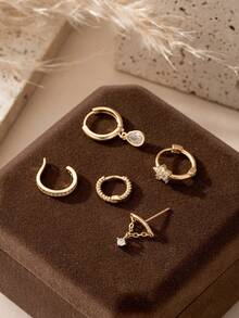 Bộ 5 chiếc khuyên tai mặt dây chuyền hình giọt nước và ngôi sao Cubic Zirconia thời trang, thích hợp làm phụ kiện đi làm hàng ngày, trang sức bằng đồng - Vàng - Xem 4