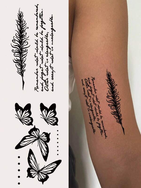2pcs Black Fake Butterfly Text & Feather Pattern Temporary Tattoos, Unisex For Daily, Party, Festivals, Gift, Body Decoration On Fingers, Wrist, Ear, Shoulder, Neck, Collar Bone