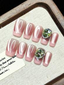 Handmade Nail Art Reusable Artificial Nails, French Dual-Color Glitter Rhinestone, Fashionable High-End, For Women, Comes With Nail Tools