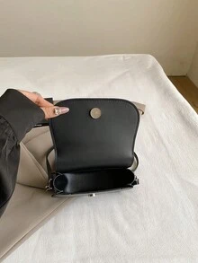 简约半月形马鞍包斜挎包，时尚翻盖包 - 黑色 - 查看 7