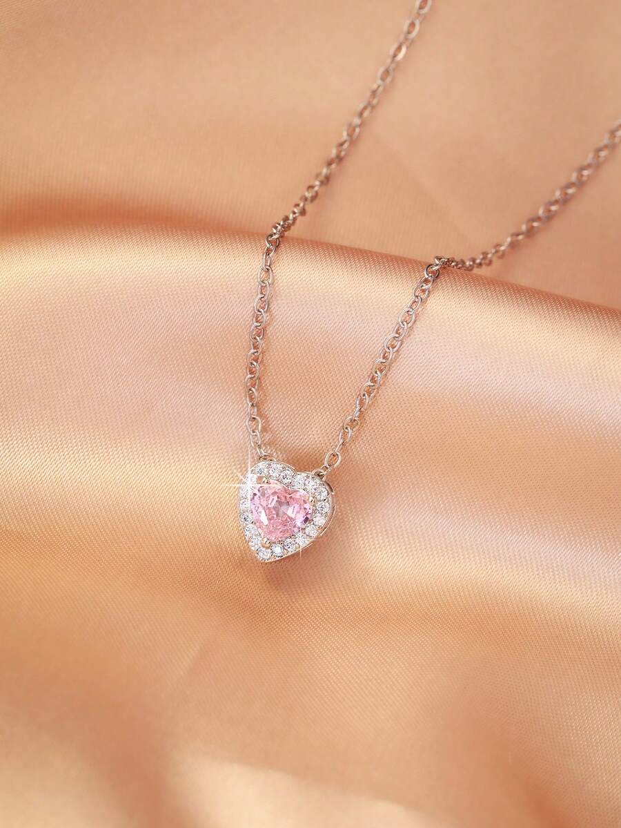 Hihho 1 chiếc vòng cổ Cubic Zirconia hình trái tim màu hồng nhiều màu, dây chuyền xương đòn thanh lịch dễ thương cho phụ nữ, món quà hoàn hảo cho bạn gái, thích hợp cho tiệc tùng và đeo hàng ngày - Bạc - Xem 1