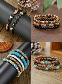 RINTOLER 1set/3pcs Boho Style Coconut Shell & Turquoise Beads Hollow Elastic Bracelet Set, Suitable For Daily Wear Or Vacation Matching