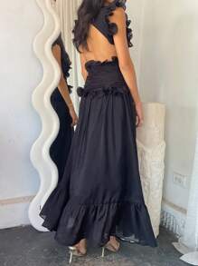 Unadoll Women's Casual Vacation Deep V Sexy Backless Ruffle Hem Dress, Suitable For Beach, Travel, Daily Life, Date, Music Festival And Back To School - Black - View 5