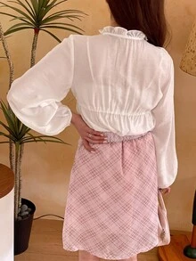 YIU 女装夏季少女纯色蕾丝边系带设计前扣长袖雪纺衬衫夏季女装新品 - 白色 - 查看 2