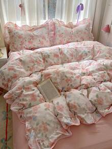 1 套粉色桃花碎花羽绒被套 3 件套柔软舒适清新简约风格床上用品套装带荷叶边，适合女性卧室，情人节礼物（1 个羽绒被套 + 2 个枕套），不含填充物，随机枕套印花 - 查看 2