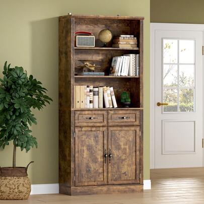 Bookcase With Doors And Drawers, Adjustable Shelves, P2 MDF Construction, Freestanding Cabinet With Metal Handles, Hidden Storage For Living Room, Bedroom