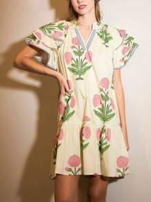 Women Boho Ruffle Sleeve Mini Dress Summer  Floral Print Short Sleeve V Neck Cute Babydoll Loose Flowy Dress - Yellow - View 1