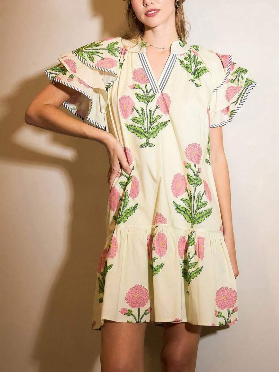 Women Boho Ruffle Sleeve Mini Dress Summer Floral Print Short Sleeve V Neck Cute Babydoll Loose Flowy Dress - Màu vàng - Xem 1