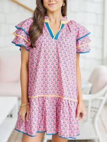 Women Boho Ruffle Sleeve Mini Dress Summer  Floral Print Short Sleeve V Neck Cute Babydoll Loose Flowy Dress - 淡紫色 - 查看 1