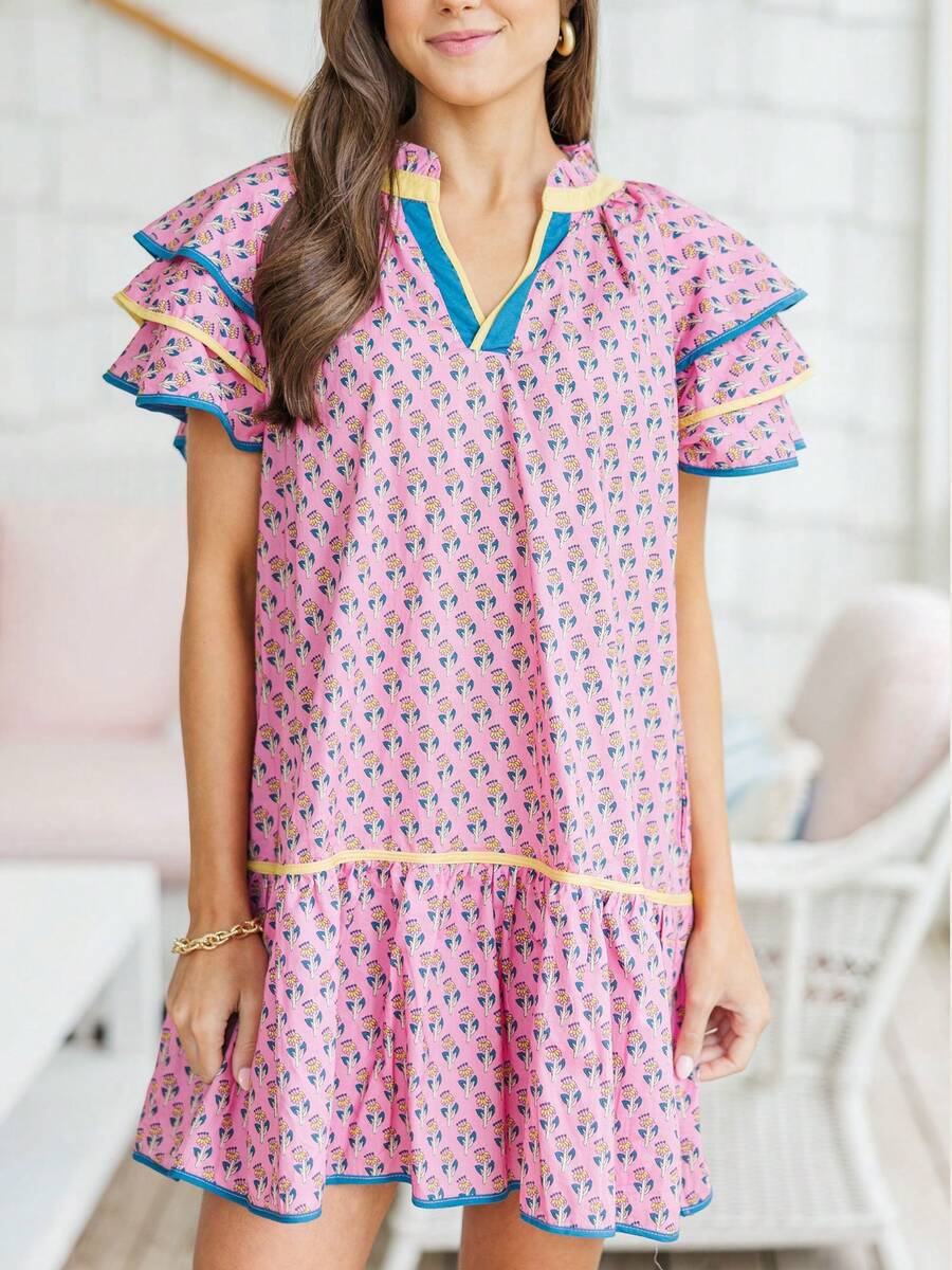 Women Boho Ruffle Sleeve Mini Dress Summer  Floral Print Short Sleeve V Neck Cute Babydoll Loose Flowy Dress - 淡紫色 - 查看 1