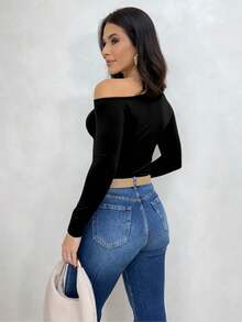 Women's Minimalist Asymmetric Shoulder Long Sleeve Slim Fit T-Shirt Top, Daily Wear, Fall/Winter - 黑色 - 查看 3