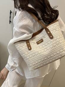 1 件棕色尼龙面料顺滑拉链铆钉镂空点缀时尚百搭休闲夏季新款小众大容量单肩托特包，适合女性日常使用 - 棕色 - 查看 4