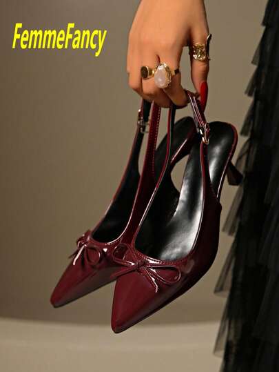 Sandalias de tacón alto de punta elegante con lazo para mujer, zapatos de vestir sexy para fiesta, adecuados para verano, commute, discoteca, boda, fiesta, exterior, disponibles en burdeos, negro, blanco, rojo