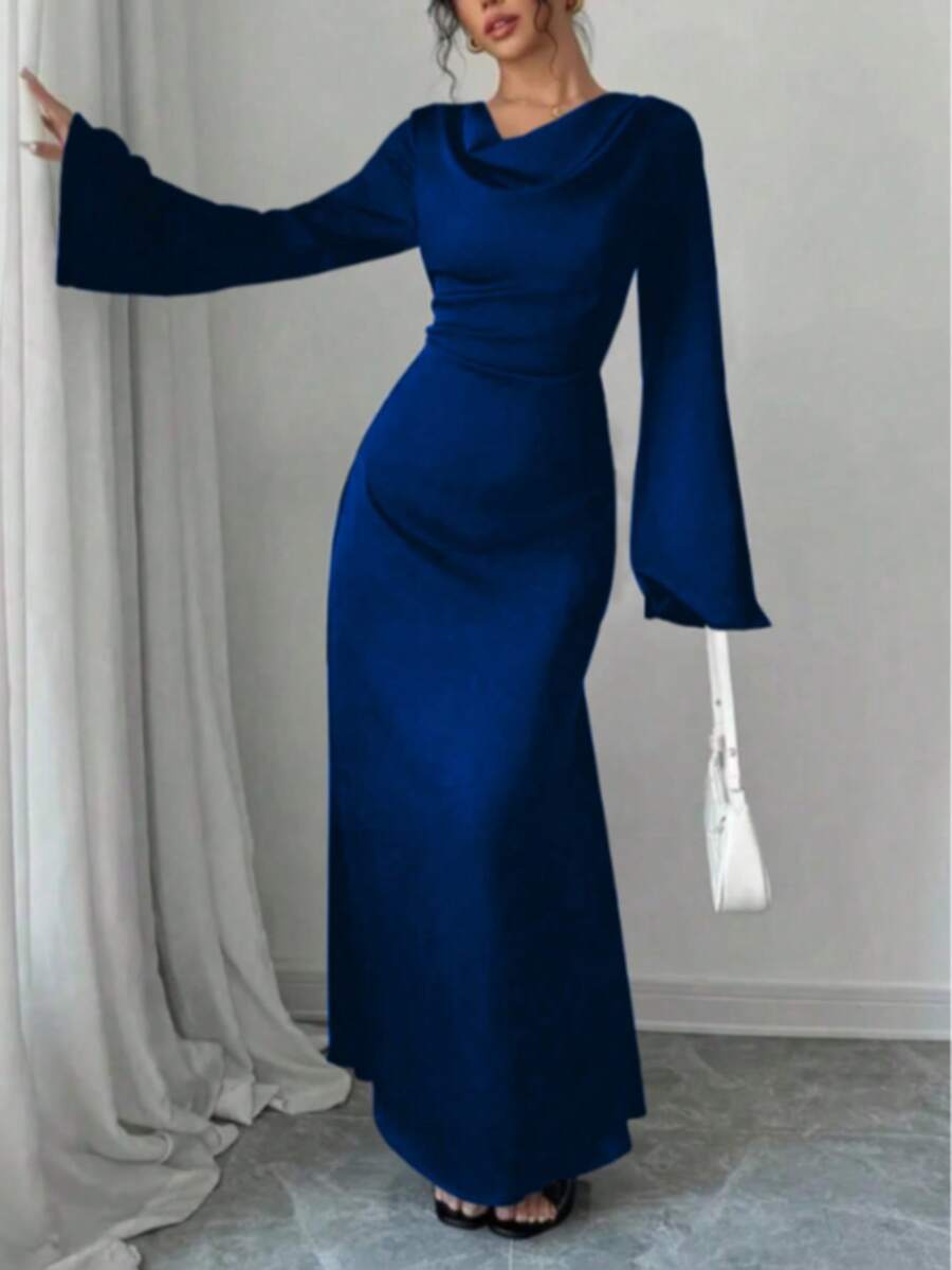 Vestido elegante de estilo árabe con mangas acampanadas de unicolor para mujer