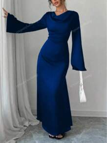 Women's Solid Color Draped Neck Flare Sleeve Elegant Arabian Style Dress