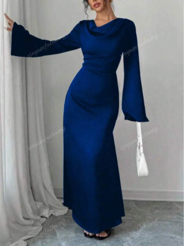 Women's Solid Color Draped Neck Flare Sleeve Elegant Arabian Style Dress