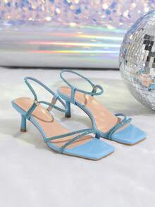 Women's Shiny Rhinestone Buckle Decor High Heel Nude Strap Blue High Heel Sandals, 2025 New Design - Baby Blue - View 5