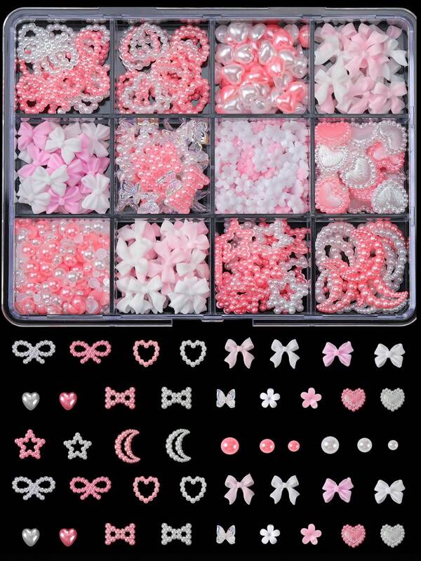 900 Pcs 3D Pink White Bowknots Butterfly Nail Charms, Spring Blossom Tiny Flowers Heart Nail Charms Mix-Sized Flatback Pearls Nail Beads For Manicure Jewel Accessories