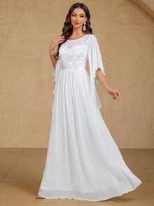 MIUSOL Elegant Sequin Floral Lace Butterfly Sleeve Chiffon Pleated Hem Wedding Maxi Dress, Formal Evening Gown, Party Dress, Wedding Guest Dress