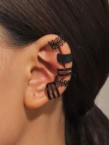 5pcs/Set Copper Alloy Spiral Soft Cartilage Clip-On Hoop Ear Cuffs Set, Non-Piercing Cartilage Spiral Adjustable Ear Clip Earrings - Black - View 1