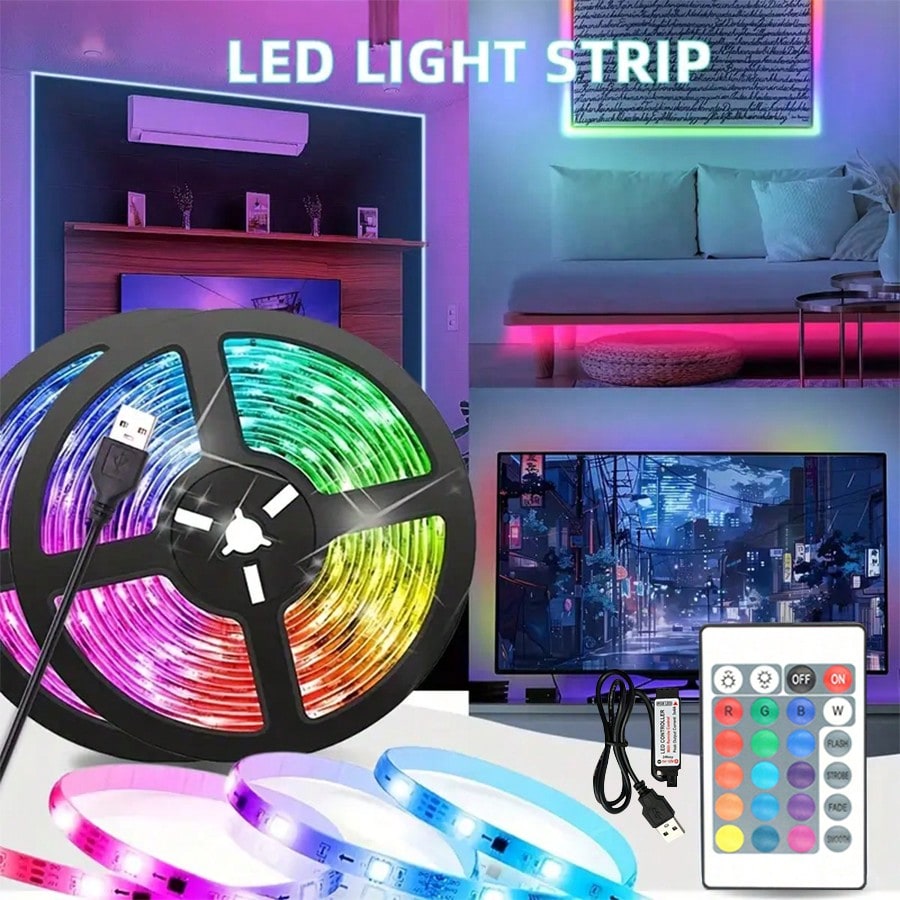 Tiras de luces LED RGB, retroiluminación para TV con control remoto de 24 teclas y control inalámbrico, adecuado para juegos, dormitorio, fiesta, co