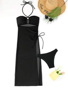 2pcs Set Solid Color Casual Elegant Sexy Net Insert Back Tie Ruffle Drawstring Swimsuit, Suitable For Beach, Travel, Workout, All Season