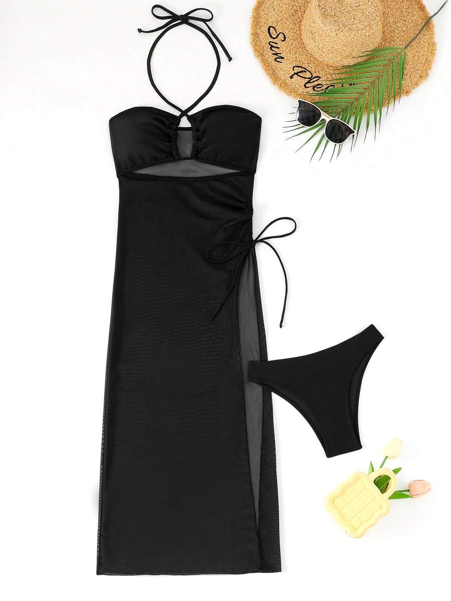 2pcs Set Solid Color Casual Elegant Sexy Net Insert Back Tie Ruffle Drawstring Swimsuit, Suitable For Beach, Travel, Workout, All Season