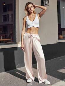 Women's Silk Wide Leg Pants Drawstring High Waist Solid Color Loose Pants Flowy Trousers - 淺灰色 - 查看 3