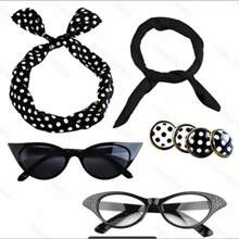 D EXCEED 6PCS Vintage 1950s Women's Accessory Collection | Retro-Inspired Prop Cat-Eye Glasses, Scarf Collar Headbands & Silk Hair Scarves With Polka Dot Stud Earrings - Perfect For Vintage-Themed Parties & Events