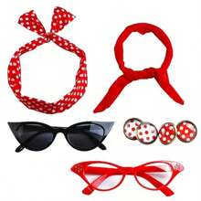 D EXCEED 6PCS Vintage 1950s Women's Accessory Collection | Retro-Inspired Prop Cat-Eye Glasses, Scarf Collar Headbands & Silk Hair Scarves With Polka Dot Stud Earrings - Perfect For Vintage-Themed Parties & Events