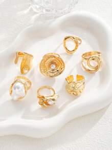 12/7/6/3pcs Set Oversized Textured Floral, Faux Pearl, Asymmetrical Shape, Minimalist Smooth Solid, Colorful Faux Gem, Heart Metal Chunky Rings, Fashion Elegant Vintage Chic Cute Retro Design, Suitable For Holiday, Party, Date, Gift, Daily Wear