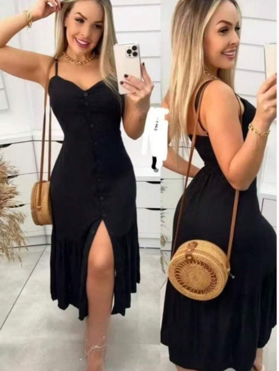 Long Crepe Dress With Padded Cups And Buttons H-1 - 黑色 - 查看 1