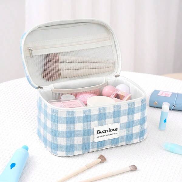 1pc Plaid Cosmetic Bag,Women Makeup Bag, Make Up Organizer, Cosmetic Bag, Shower Caddy, Beach Bag For Women, Toiletry Bag For Bathroom, Wash Bag For Travel, Shower Caddy For College Dorm, Large Capacity, Durable