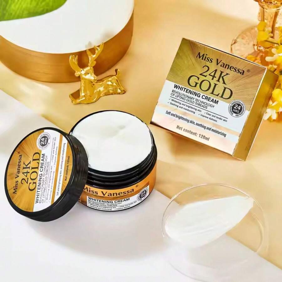 Miss Vanessa crema blanqueadora 24K GOLD brillo múltiple 1 pieza hidratante iluminador suaviza piel uniforma tono fórmula avanzada piel blanca sedosa beauty night cream - Blanco - Ver 1