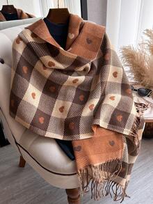 1pc Faux Cashmere Plaid Heart Pattern Scarf, Versatile And Warm Tassel Shawl Suitable For Daily Wear For Dress - Multicolor - View 3