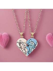 Disney Set Of 2 Disney Stitch Necklaces Designed For Couples, Featuring A Charming Heart Pendant And Magnetic Attraction, Perfect For Lovers.
