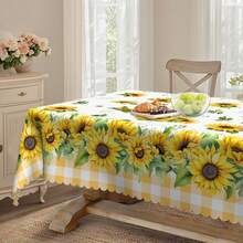 1pc Round & Rectangular Tablecloth - Orange Buffalo Plaid Sunflower & Daisy Floral Pattern, Durable Polyester Woven Fabric, 60x60, 55x70, 60x86 Inch, Spring Summer June Festival Party Picnic Dinner Kitchen Dining Room Indoor Outdoor Decor, Buffalo Plaid Table Decoration, Holiday Dining Table Accessory, Woven Textile
