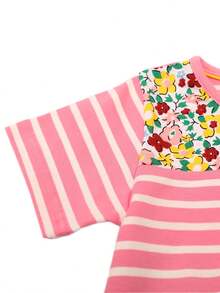 Summer Children's Day Pure Cotton Short-Sleeved Dress For Girls, Easter Casual Outdoor Pink Cartoon Striped Pocket Decal Knitted Dress 2-8Y - Nhiều màu - Xem 3