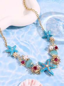 1pc Fashionable, Exquisite, Lively, Creative, Cute, Unique, Glittering, Colorful, Boho Style, Navy Blue Starfish & Shell Necklace, Women's Summer Beach Holiday, Daily Party Festival Jewelry