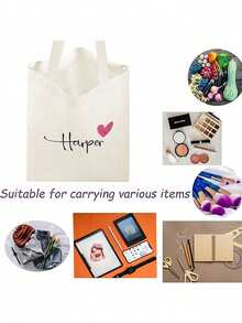 1pc Custom Name Canvas Tote Bag - Personalized School Bag With Heart Design, Ideal For Bridesmaid, Girlfriend, Or Mom Gift, Black With White Script Name "Harper, All-Purpose, Large Capacity, Versatile, Multifunction, Cute, Adorable, Contracted, Funny, Kawaii, Y2K, Minimalist, Commuting, Business Casual, Basics, Custom, Personalized, Customized, Ideal Gifts For Her, Her, Family, Friends, Girlfriend, For Anniversaries, For Birthdays, For Holiday/ Vacation, For Outdoors/Outings/Travel/Hiking/Stadium/Sports/Climbing, For Business/Commute/Work/Office, Customized Women Bags