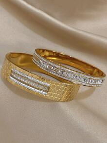 18K镀金奢华钻石几何手链套装，不锈钢立方氧化锆可叠戴现代珠宝，母亲节礼物，波西米亚风海滩派对必备，旅行及毕业礼物，日常派对配饰，舞厅金色珠宝，返校礼物 - 彩色 - 查看 7