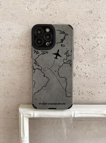 Funda de teléfono con textura mate gris - Diseño de mapa mundial y avión, cita romántica - Estilo inspirado en viajes - Compatible con iPhone: 13, 14, 15, 16 Pro Max, 16, 15 Plus