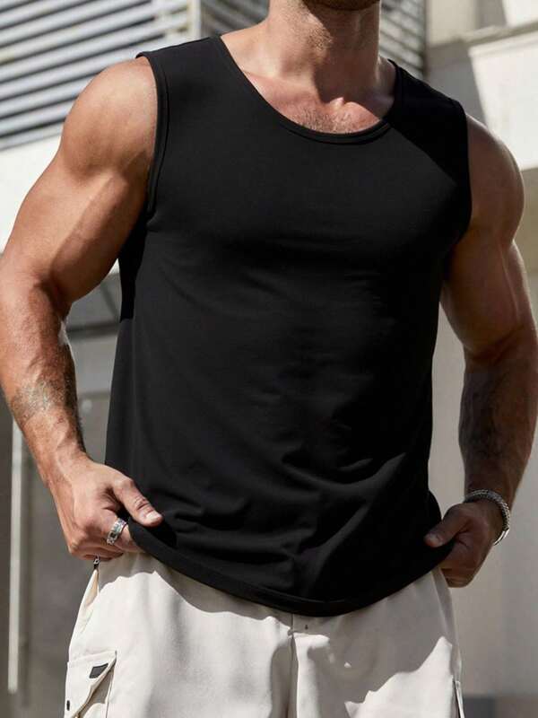 1 Stück Herren Schwarzes ärmelloses Sport Tank Top, bequem & atmungsaktiv Sommerstil, vielseitig als Lässig bekleidung