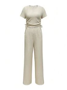 2 件女士休闲纯色短袖上衣和长裤套装，春夏