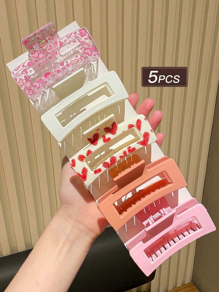 5pcs Women's Fashionable And Cute Heart Pattern Square Hair Clips, Pink And White, Medium Size, Suitable For Daily Hairstyles, Recommended As Gift Hair Accessories Hair Claws Claw Clips Hair Jaw Clip Hair Clamps Hair Clutch Hair Catcher Clip Fall Winter For Vacation Outfits Woman