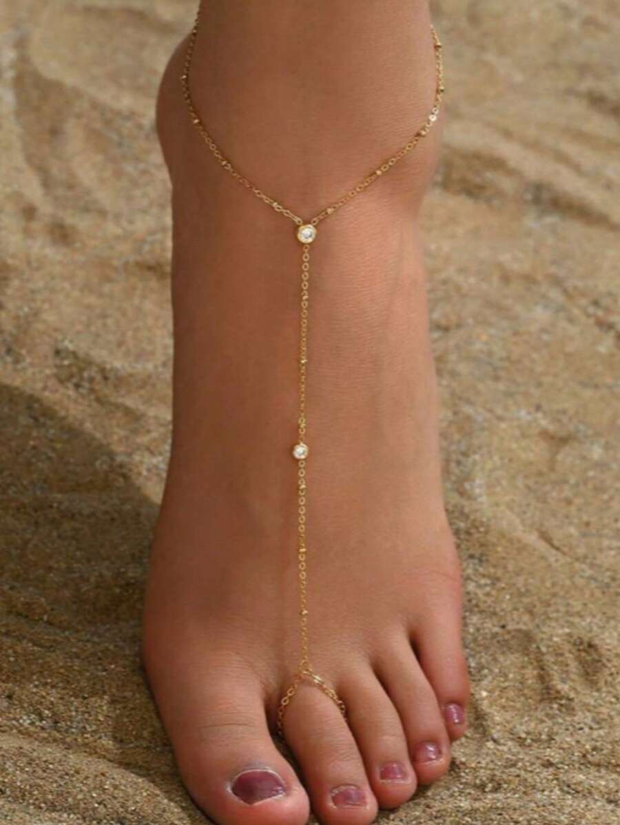 1 peça de anel de dedo do pé com strass de design moderno e novo e tornozeleira com corrente para os pés, joia de praia personalizada para os pés