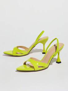 Sandalias de tacón alto de mujer, de estilo elegante y elegante, de color amarillo mostaza, con acabado brillante tipo espejo, puntiaguda, con correa de tobillo, ideales para fiestas, exteriores y salir de fiesta en primavera/verano - Mostaza Amarilla - Ver 7