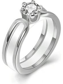 6mm White/Black Ceramic Rings Plus Cubic Zirconia For Women Comfort Fit Engagement Wedding Band Size 5-122025 - White+Silver - View 1